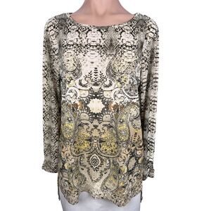 Dana Buchman Size M Pullover Blouse Top Brown/Gold Metallic Long Sleeve Asym Hem